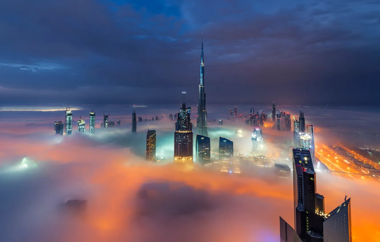 Photo wallpaper clouds, the city, lights, fog, the evening, Dubai, UAE