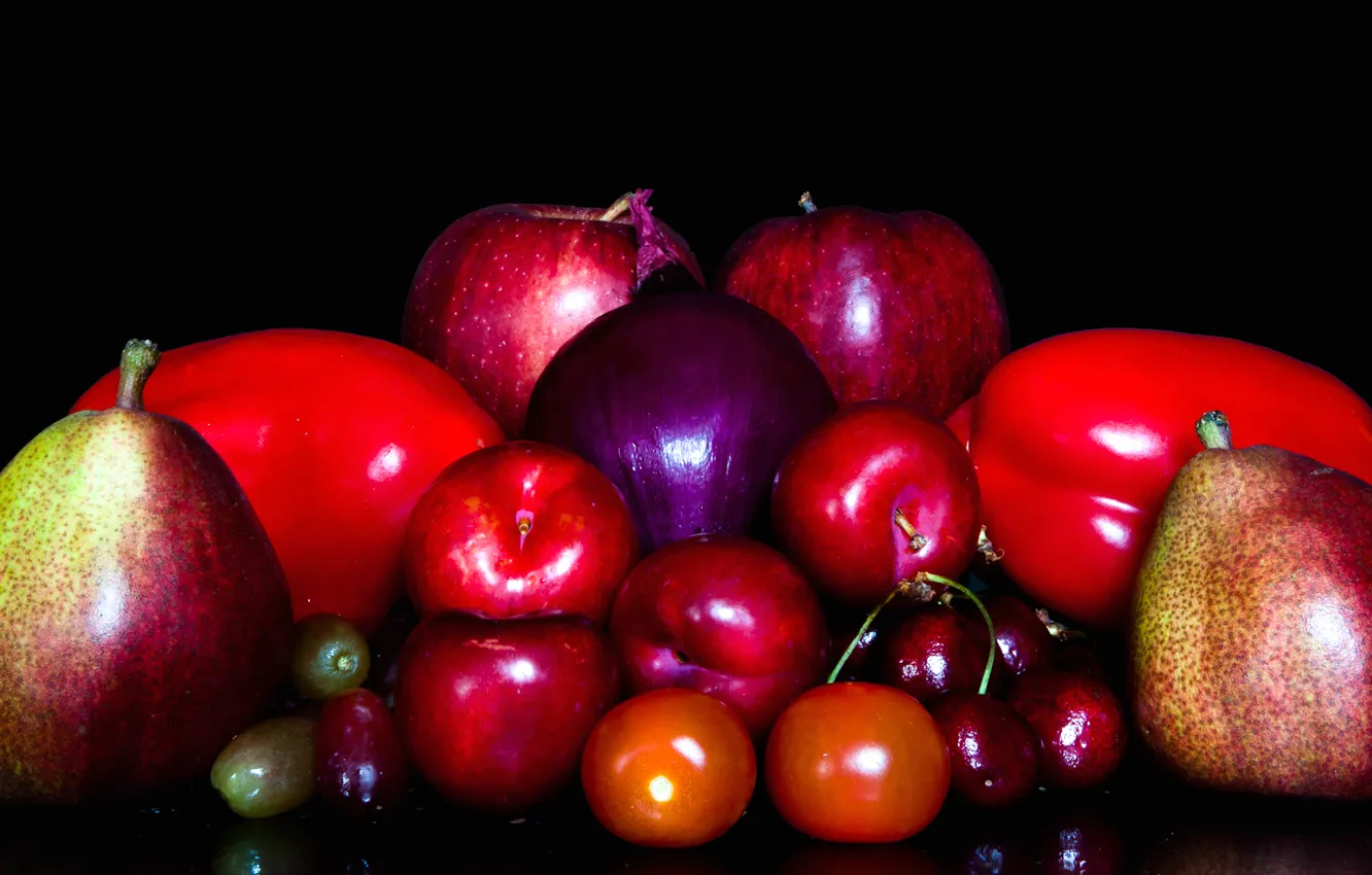 Photo wallpaper cherry, Apple, bow, fruit, vegetables, tomato, drain