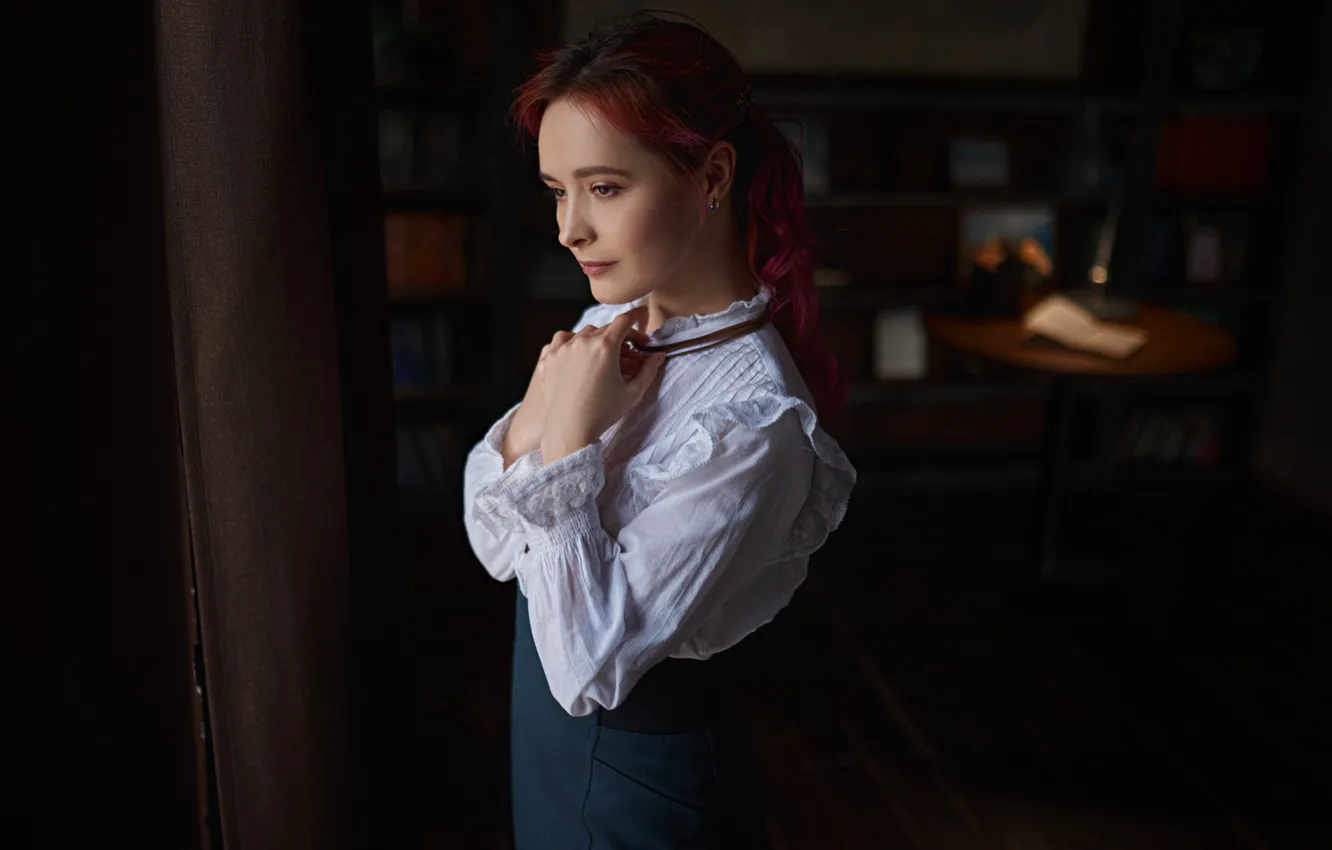 Photo wallpaper girl, pose, portrait, hands, blouse, red, redhead, Sergey Fat