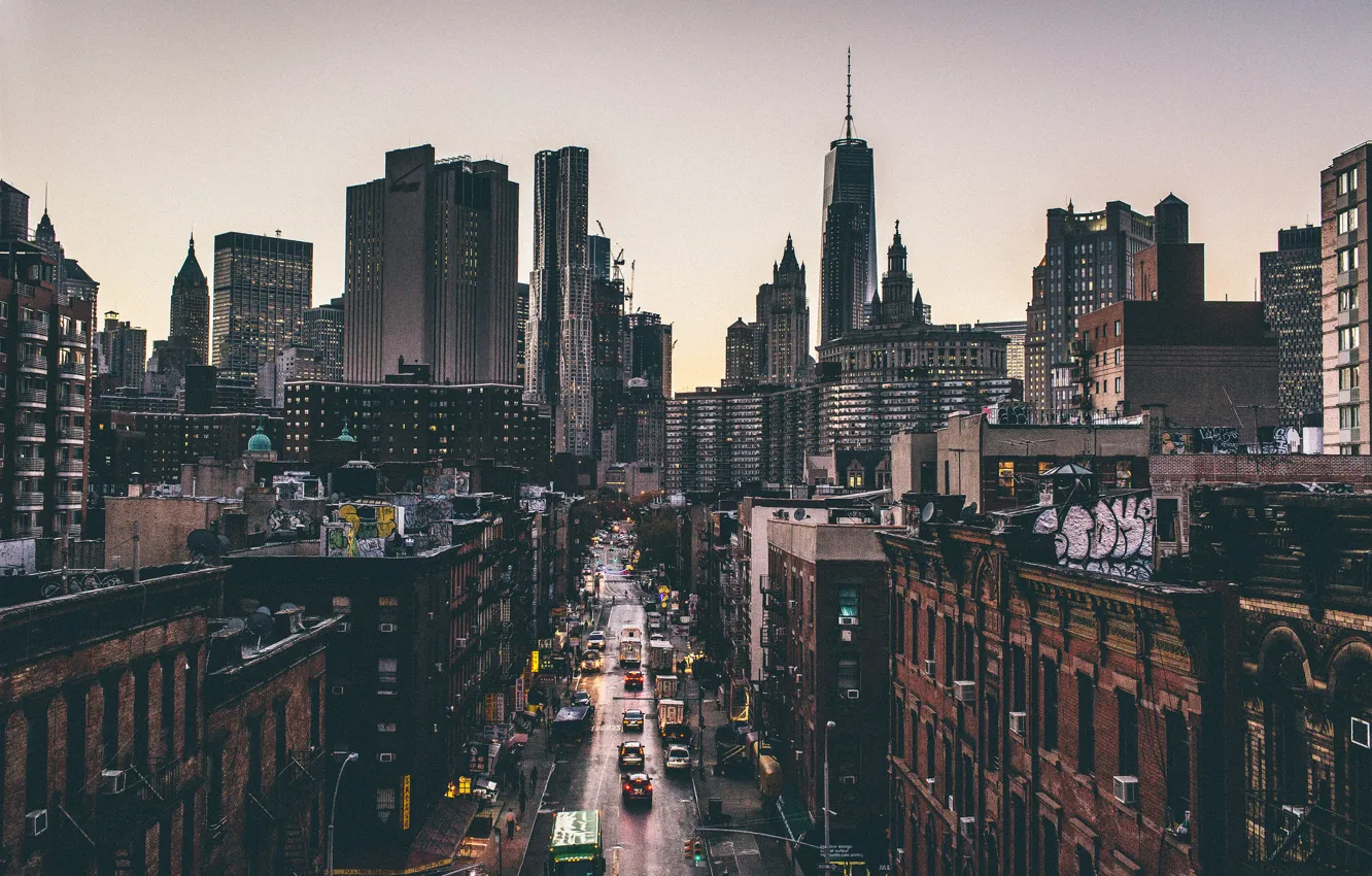 Photo wallpaper sunset, trucks, movement, street, New York, horizon, Manhattan, cars