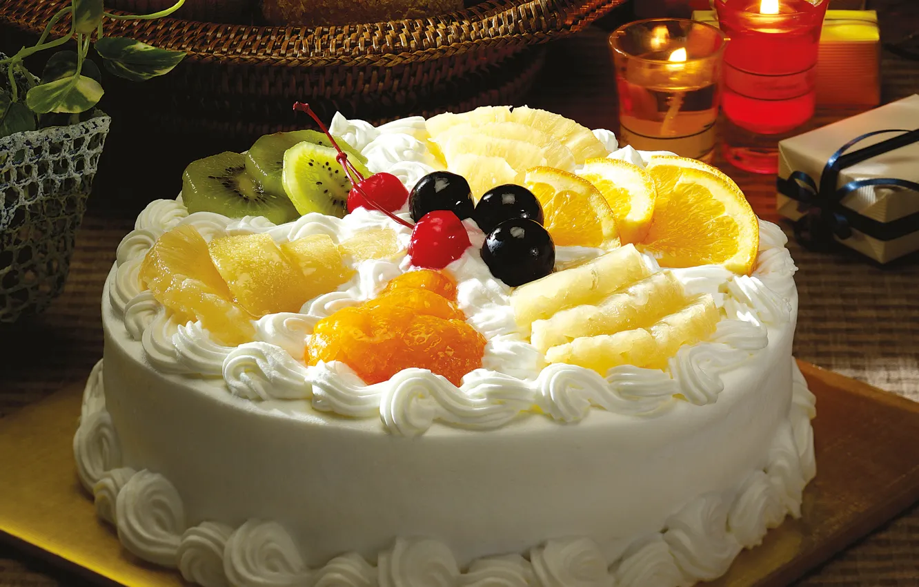 Photo wallpaper cherry, table, box, basket, plant, orange, candles, kiwi