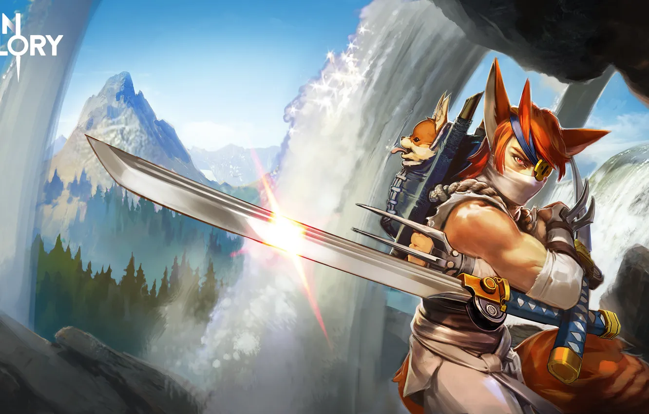 Photo wallpaper mountains, waterfall, warrior, mask, guy, art, Vainglory, Taka SHiro Kage