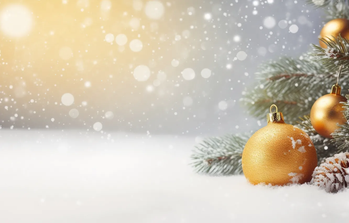 Photo wallpaper winter, snow, decoration, balls, New Year, Christmas, golden, new year