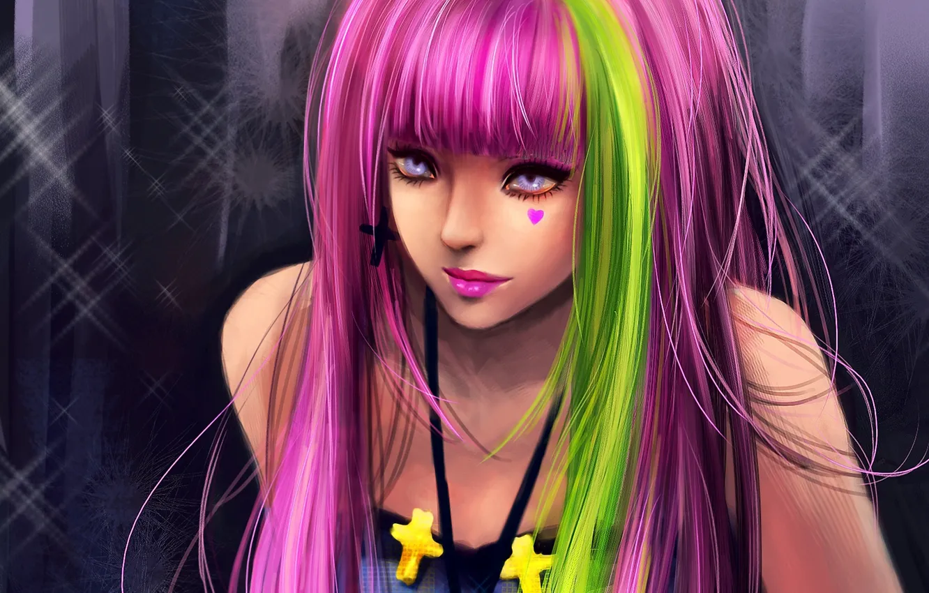 Photo wallpaper girl, cross, art, green, heart, pink hair, strand, RikaMello