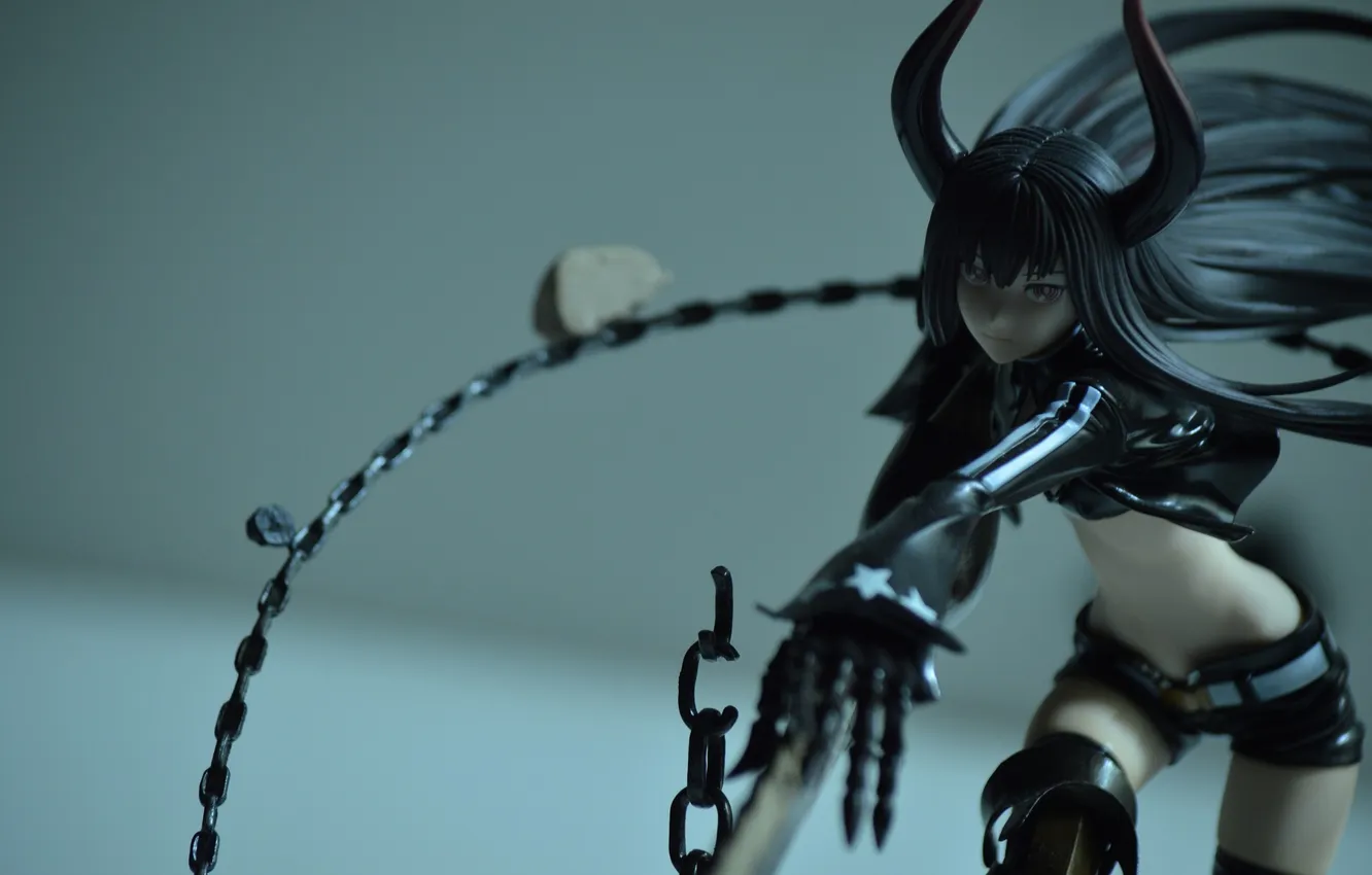Photo wallpaper girl, weapons, anime, art, horns, chain, black rock shooter, insane black rock shooter