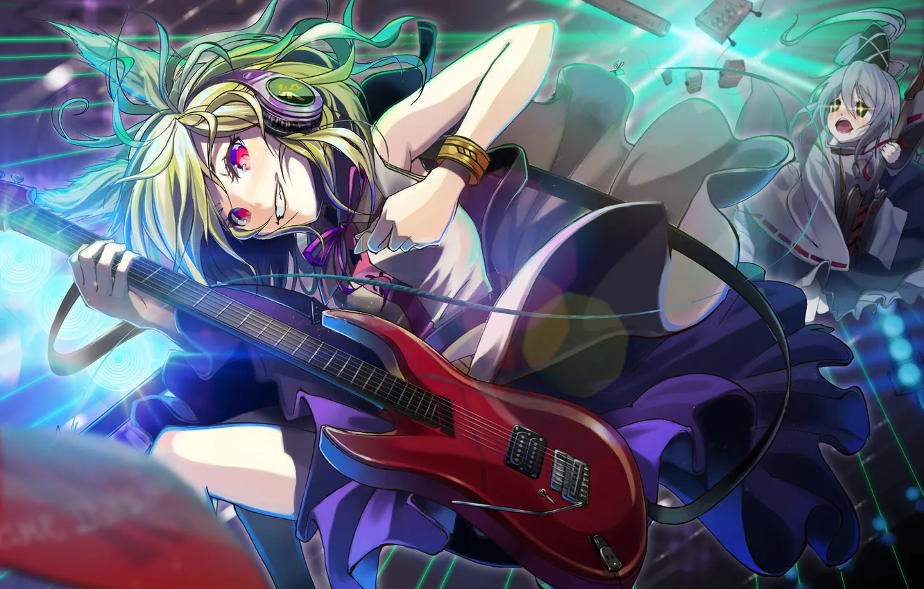 Photo wallpaper girl, emotions, guitar, headphones, art, touhou, equipment, toyosatomimi no miko