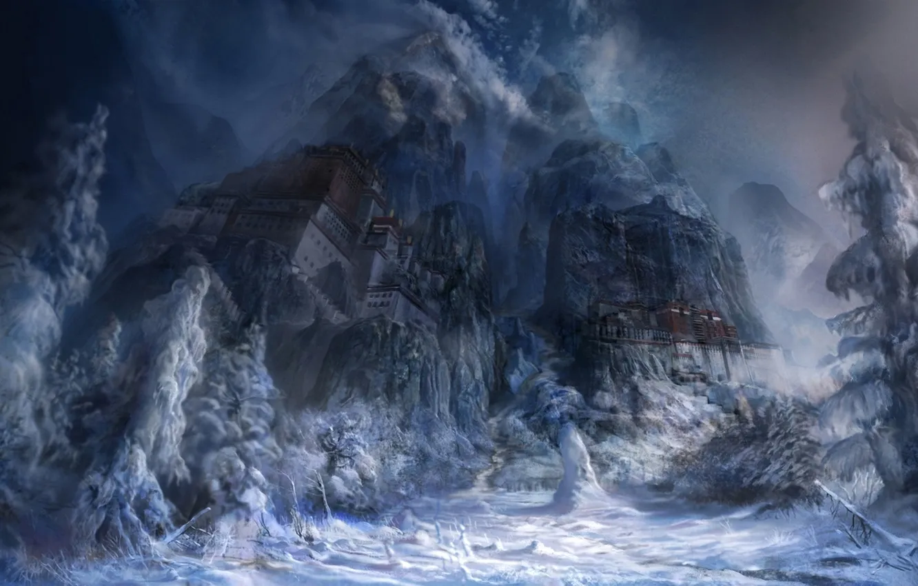 Photo wallpaper snow, mountains, the city, rocks, home, art