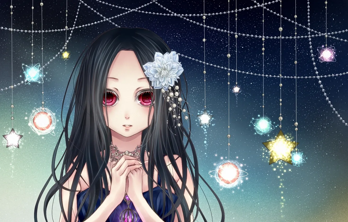Photo wallpaper stars, flowers, planet, art, girl, pendant, red eyes, suspension