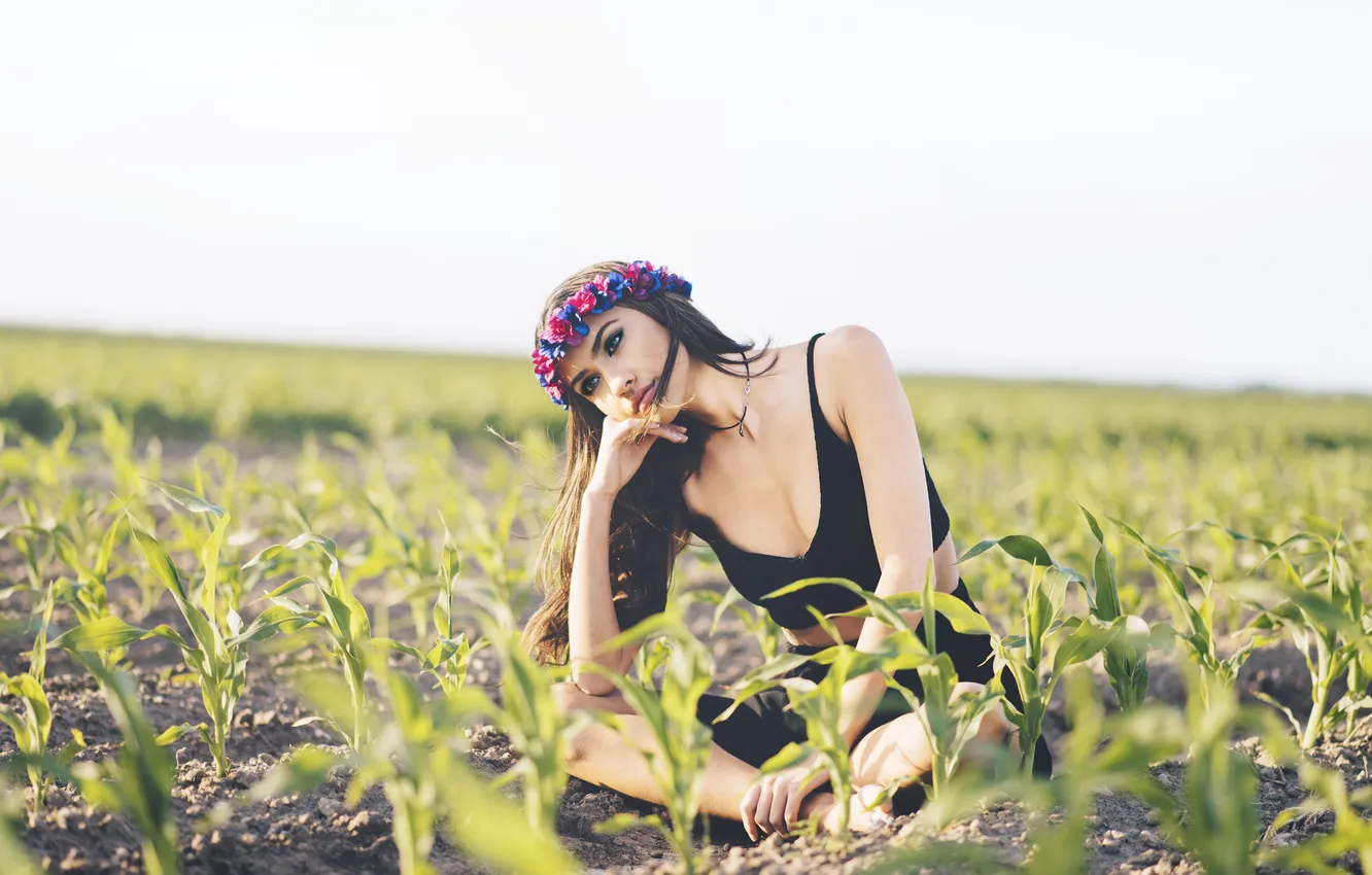 Photo wallpaper the sky, eyes, girl, hair, lips, sunlight, a crown of flowers