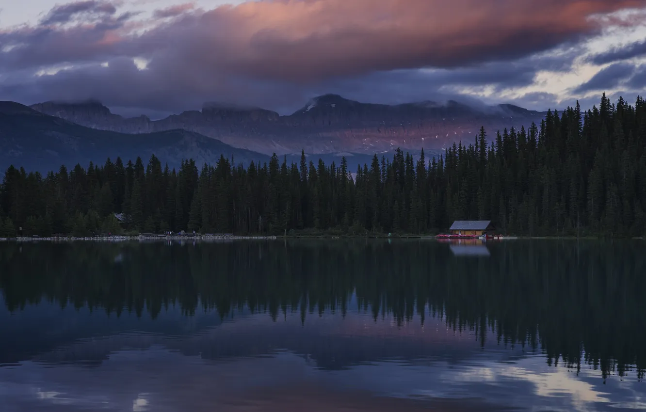 Photo wallpaper forest, sunset, lake, Alberta, Lake Louise