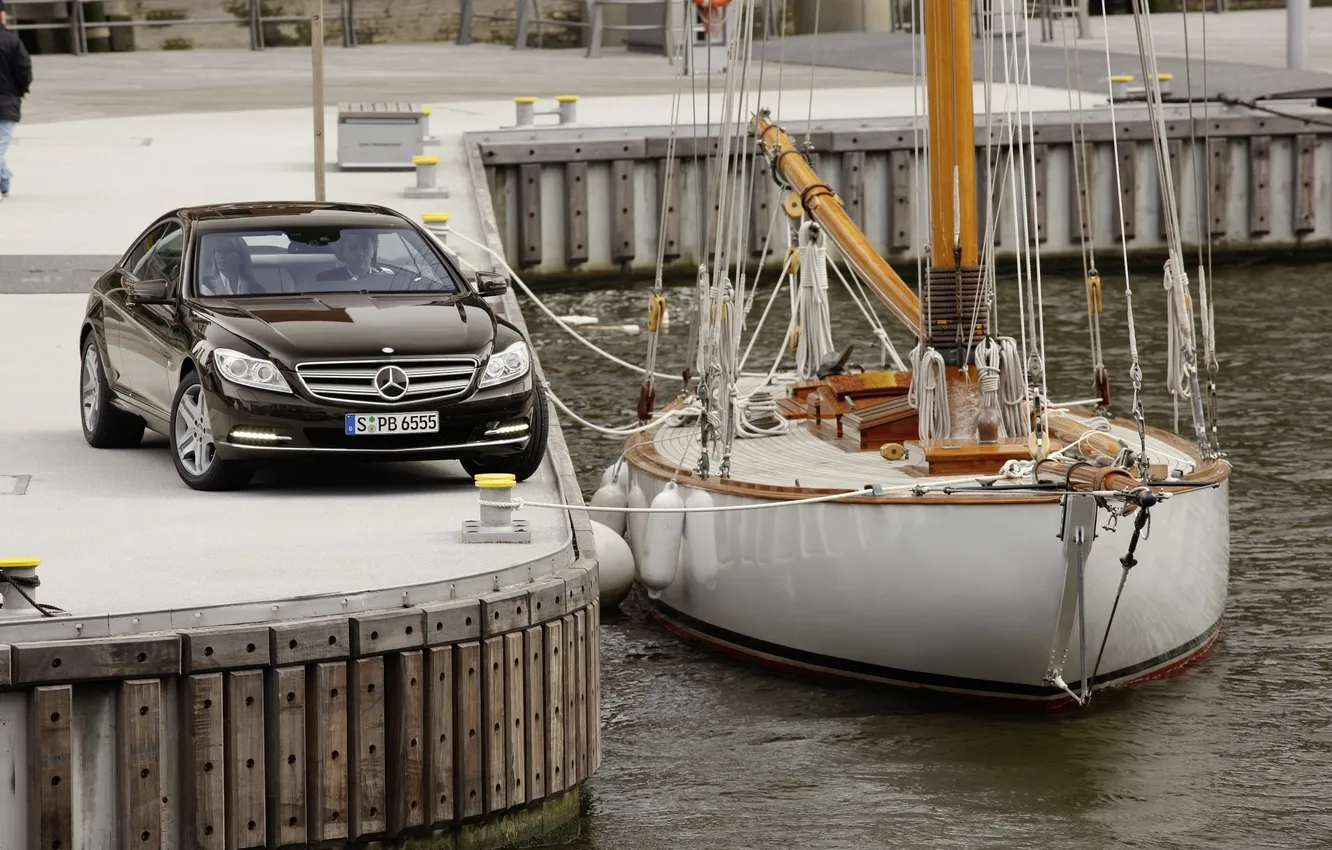 Photo wallpaper water, coupe, Mercedes-Benz, yacht, pier, port, Mercedes, the front