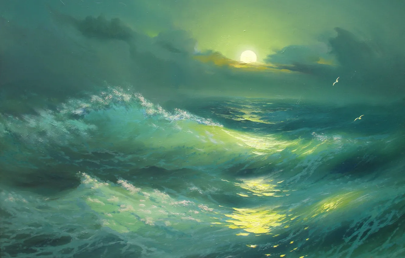 Photo wallpaper sea, wave, landscape, night, the moon, seagulls, beauty, track