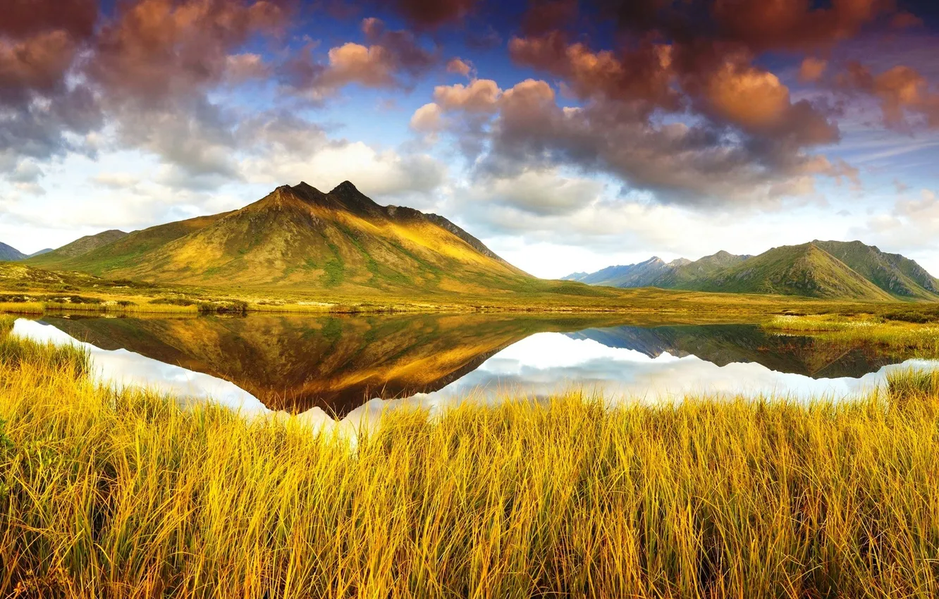 Photo wallpaper autumn, the sky, grass, clouds, mountains, lake