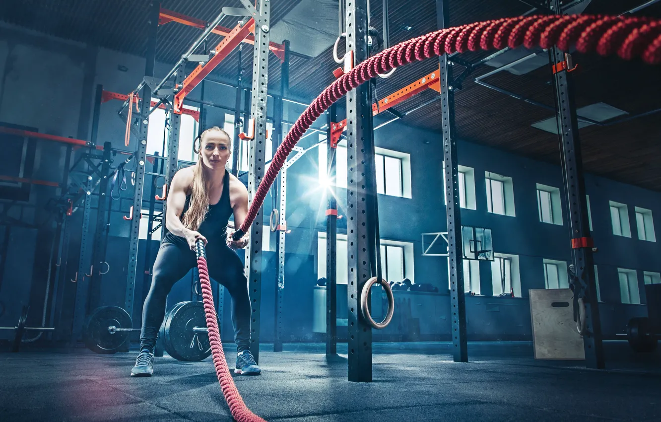 Photo wallpaper blonde, fitness, rope