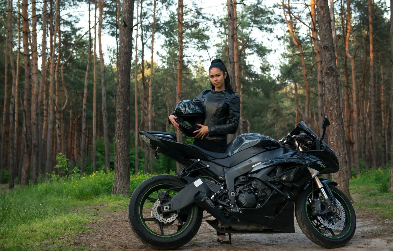 Photo wallpaper forest, trees, black, brunette, jacket, helmet, sportbike