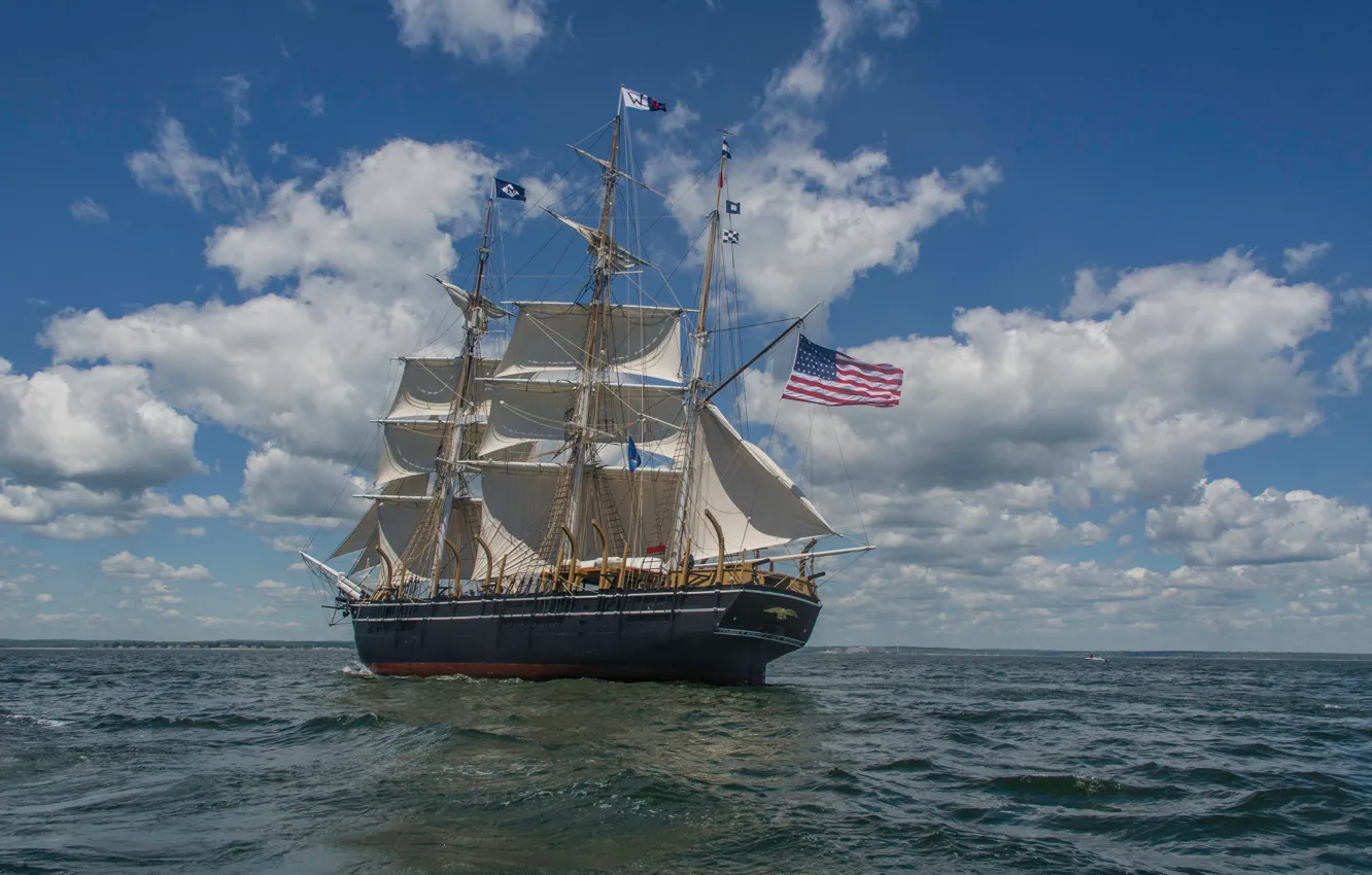 Photo wallpaper Flag, Sailboat, Sails, Mast, A whaling ship, CHARLES W. MORGAN