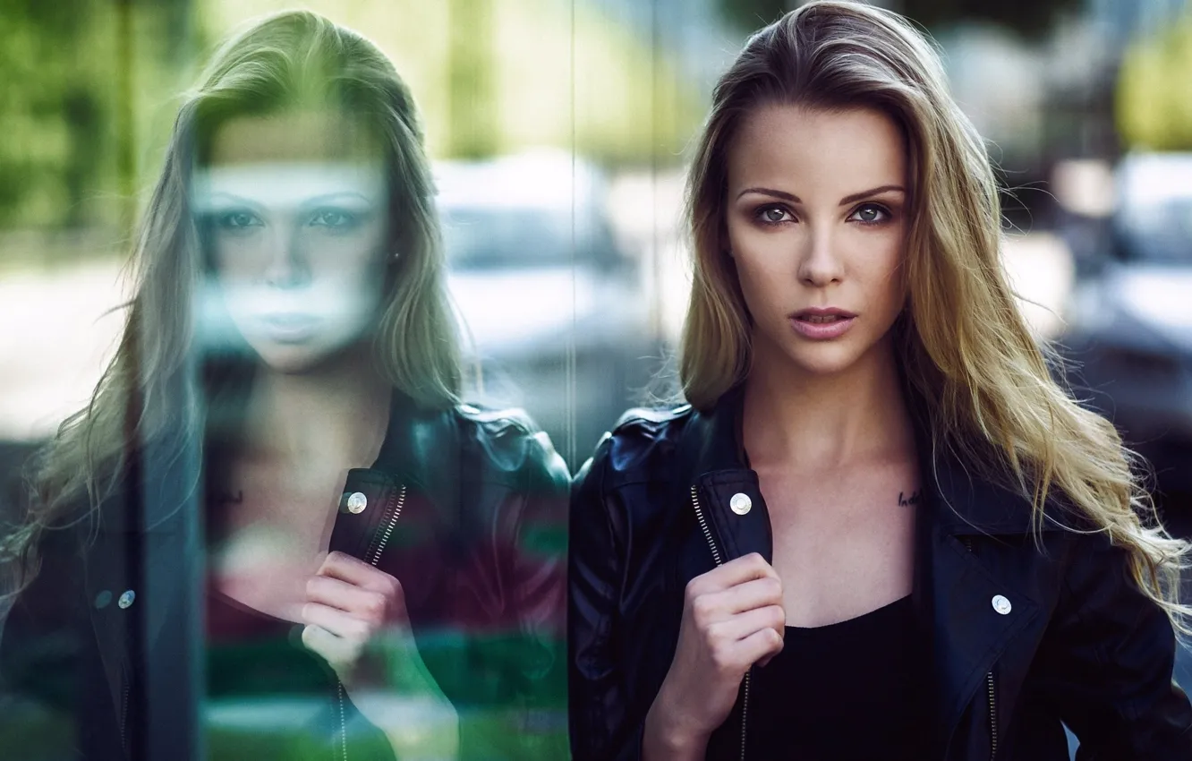 Photo wallpaper glass, girl, reflection, portrait, makeup, jacket, hairstyle, blonde