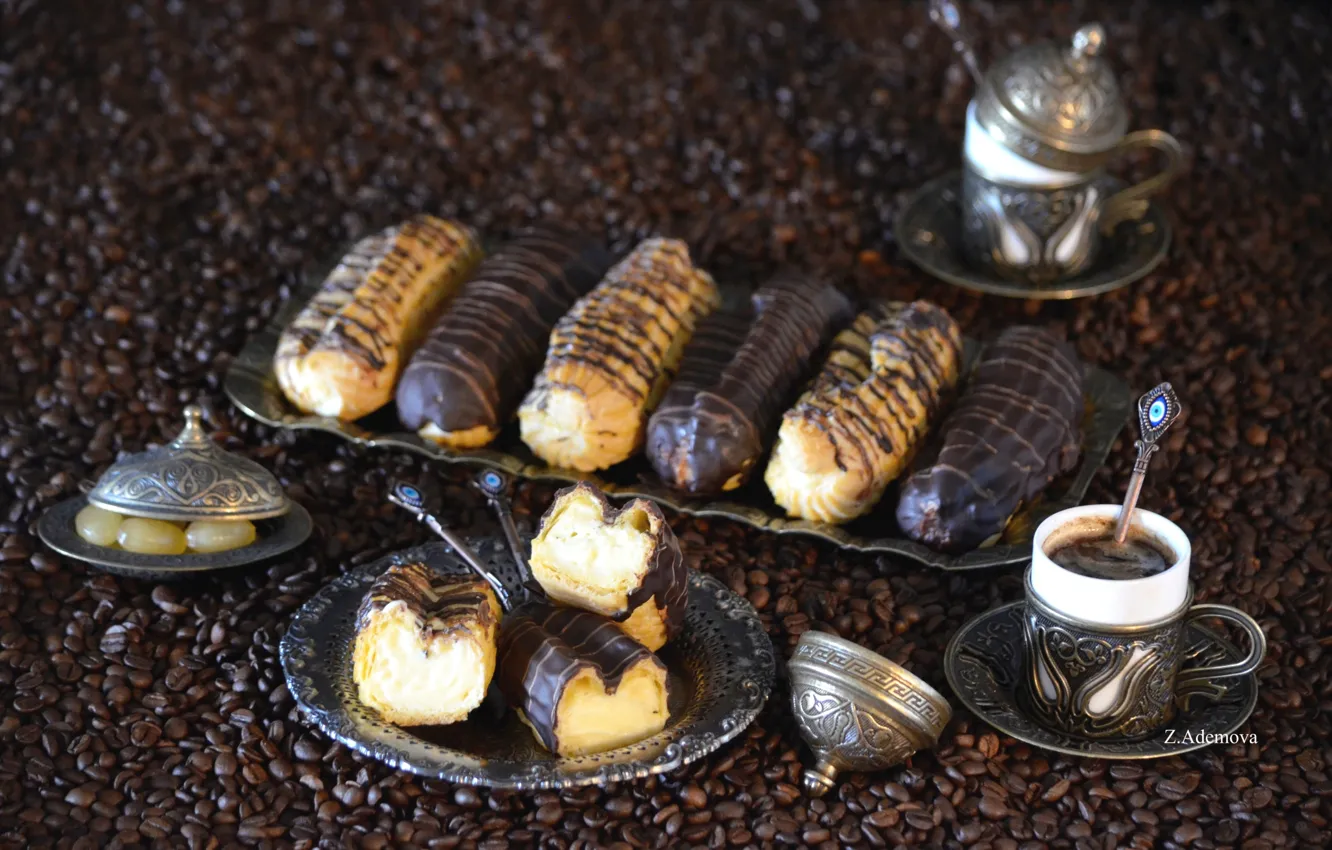 Photo wallpaper coffee, chocolate, grain, dessert, eclairs