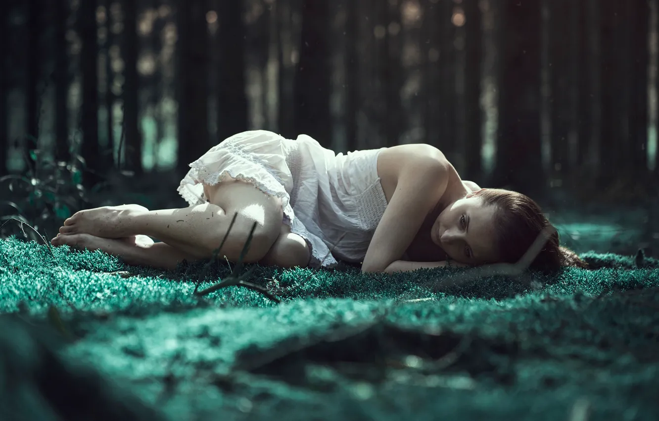 Photo wallpaper forest, girl, longing, Emerald woods