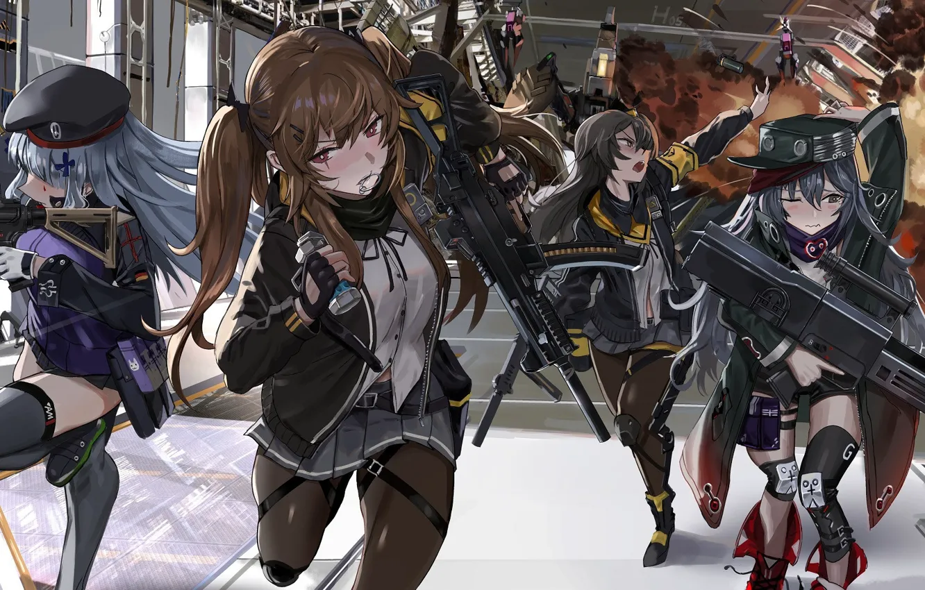 Photo wallpaper girl, the explosion, weapons, smoke, runs, Girls Frontline, Girls front