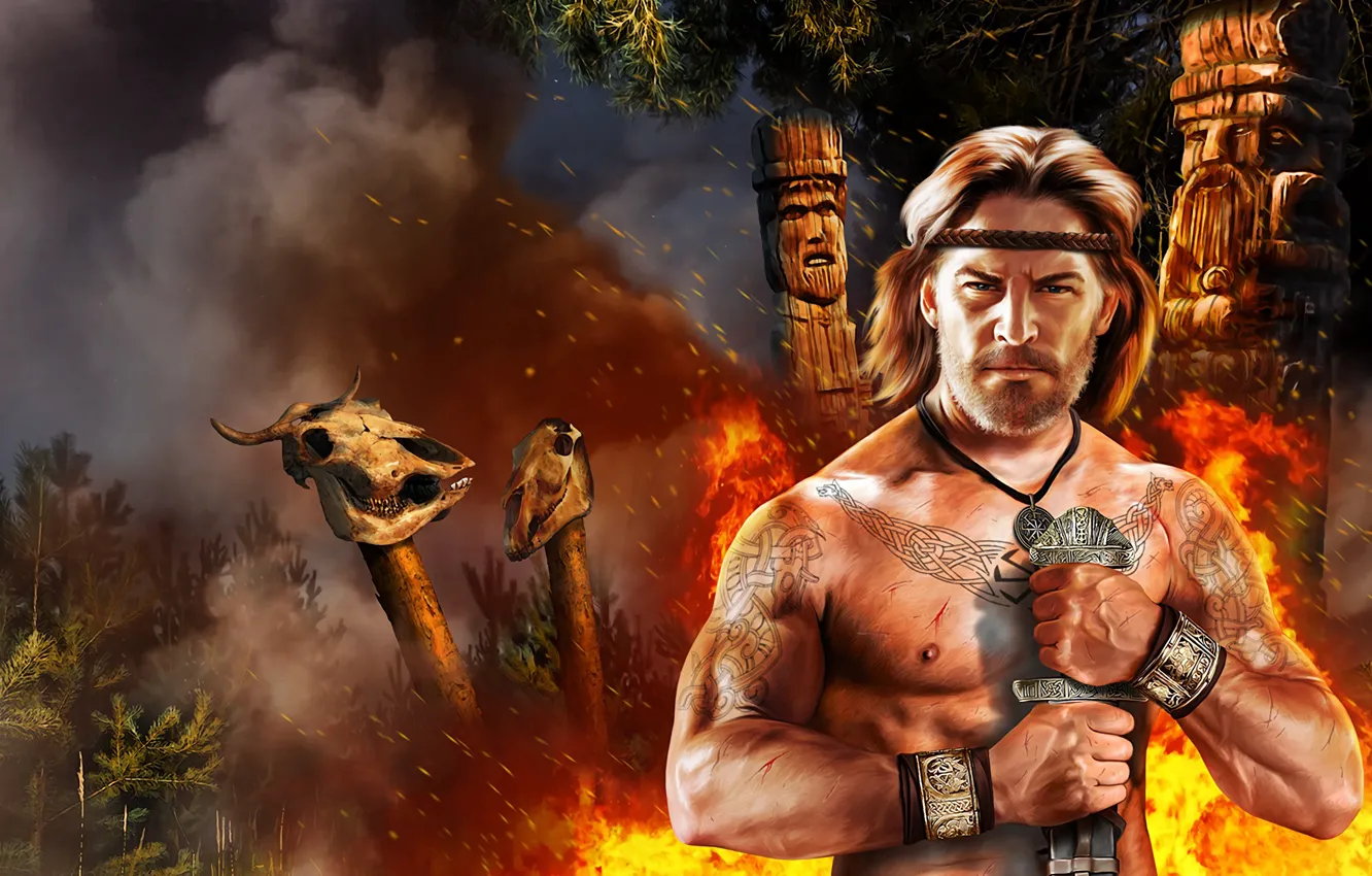 Photo wallpaper lights, smoke, figure, skull, sword, tattoo, idols, Kolovrat