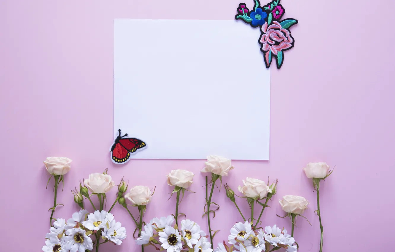 Photo wallpaper flowers, roses, chrysanthemum, postcard