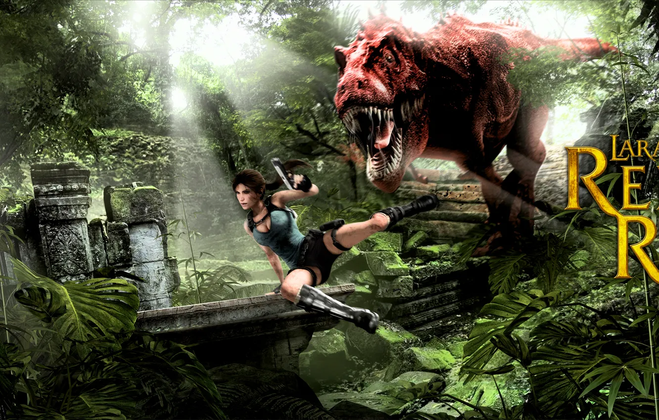 Photo wallpaper girl, dinosaur, jungle, Tomb Raider, Lara Croft, Tyrannosaurus Rex, T. Rex