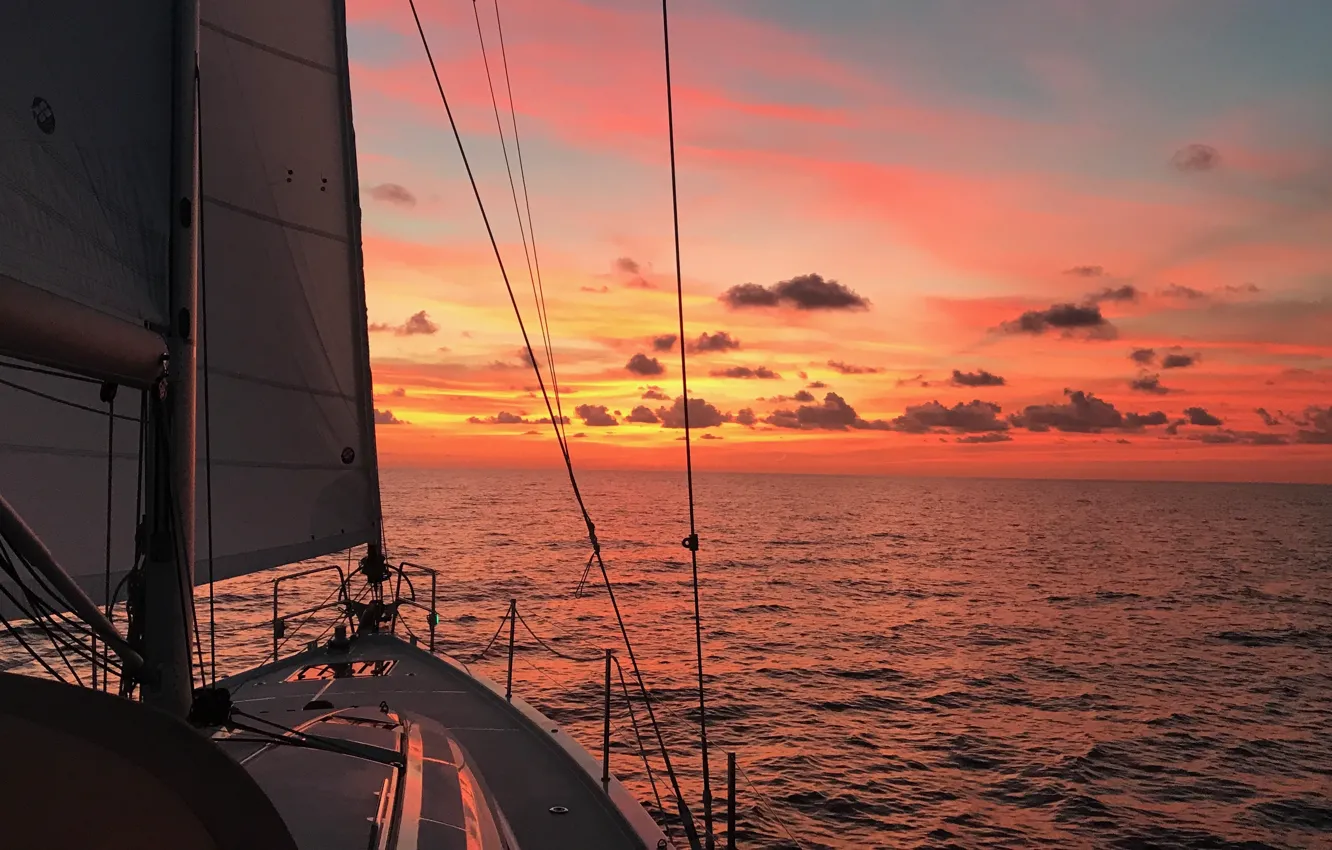 Photo wallpaper sea, sunset, clouds, the evening, yacht, horizon, sail