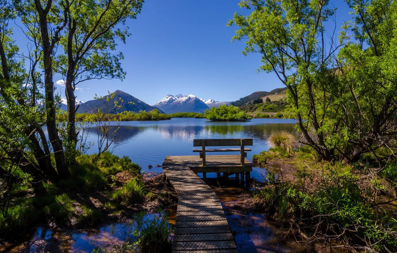 Photo wallpaper mountains, lake, the bridge, bench