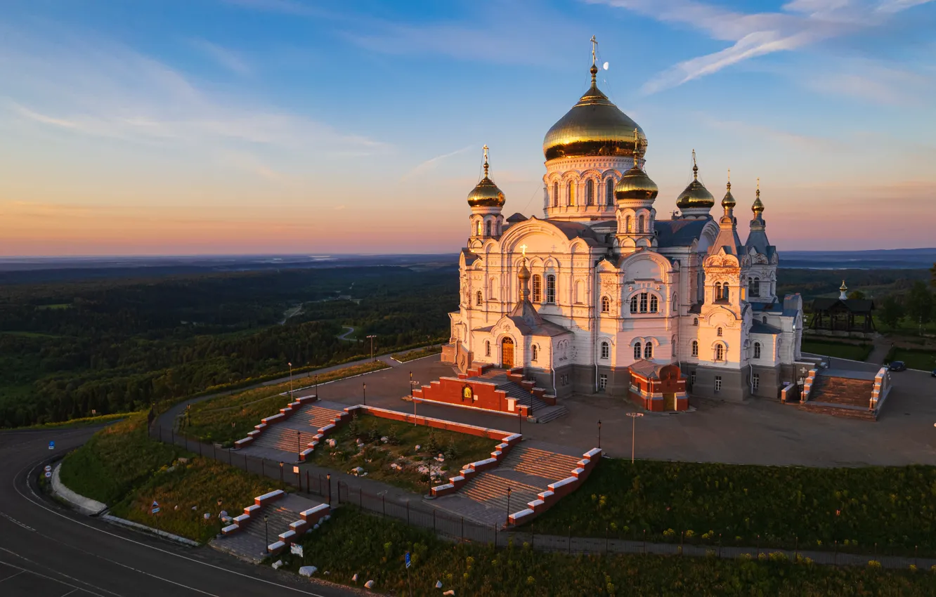 Photo wallpaper landscape, morning, temple, stairs, Perm Krai, White mountain, Belogorsky Nicholas monastery, Alexander Lukin