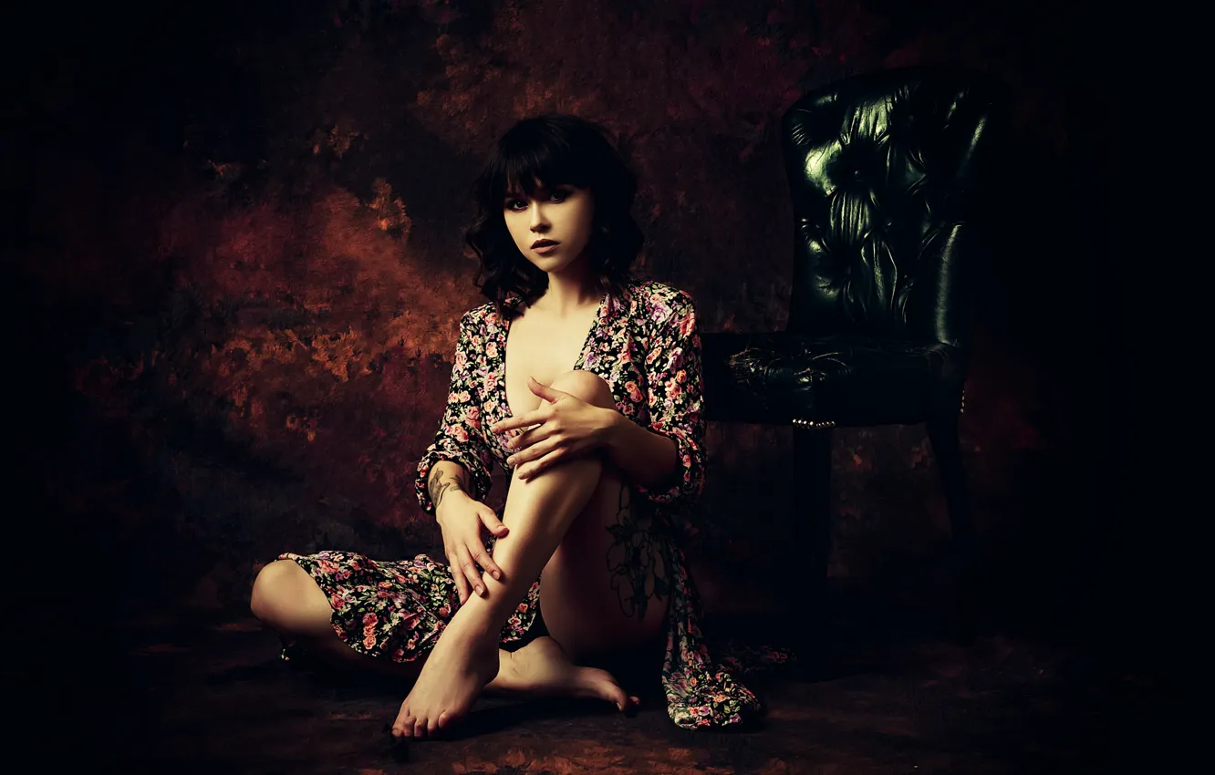 Photo wallpaper look, sexy, pose, model, portrait, chair, makeup, dress