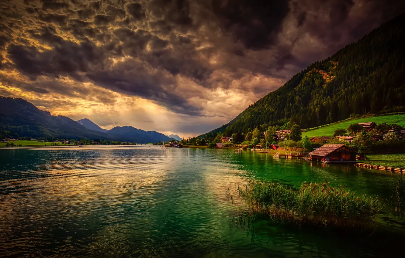 Photo wallpaper clouds, mountains, lake, Austria, Weissensee