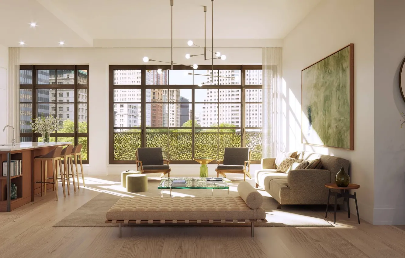 Photo wallpaper interior, kitchen, megapolis, New York, living room, dining room, 25 Park Row in Financial District