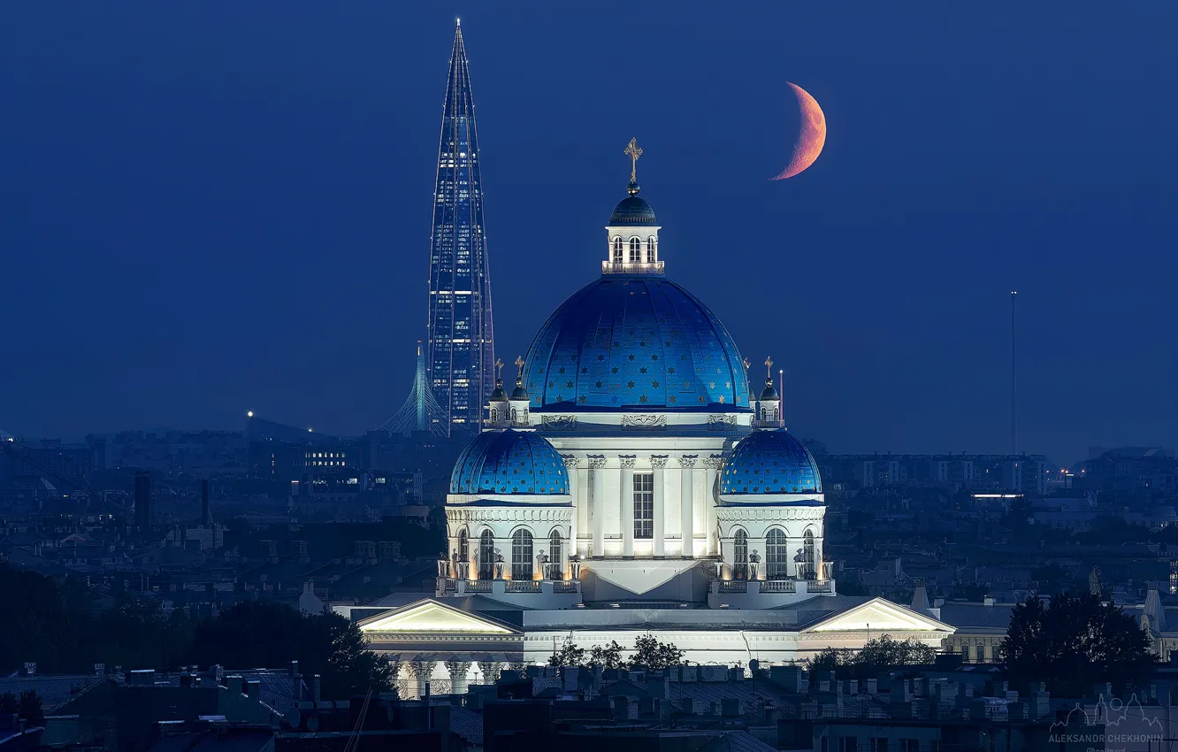 Photo wallpaper the moon, a month, Saint Petersburg, temple, Russia, night city, skyscraper, Lakhta center