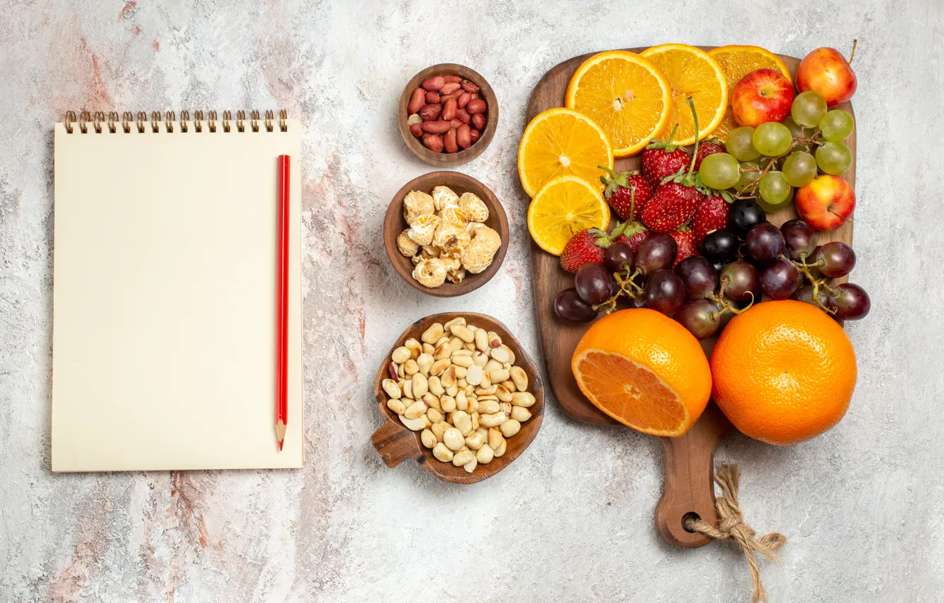 Photo wallpaper paper, berries, table, apples, orange, pencils, strawberry, grapes
