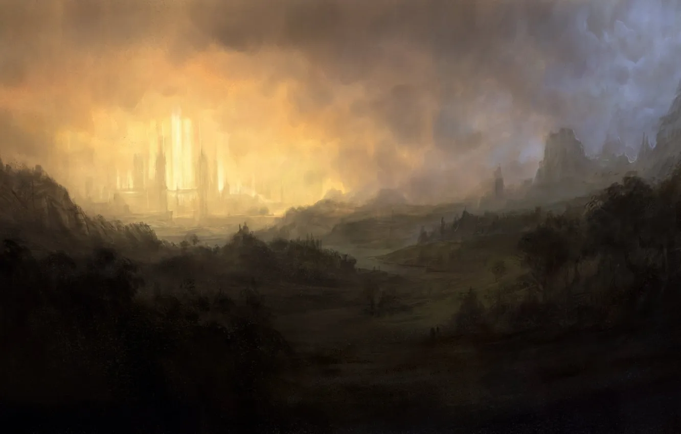 Photo wallpaper light, landscape, the city, glow, valley, art