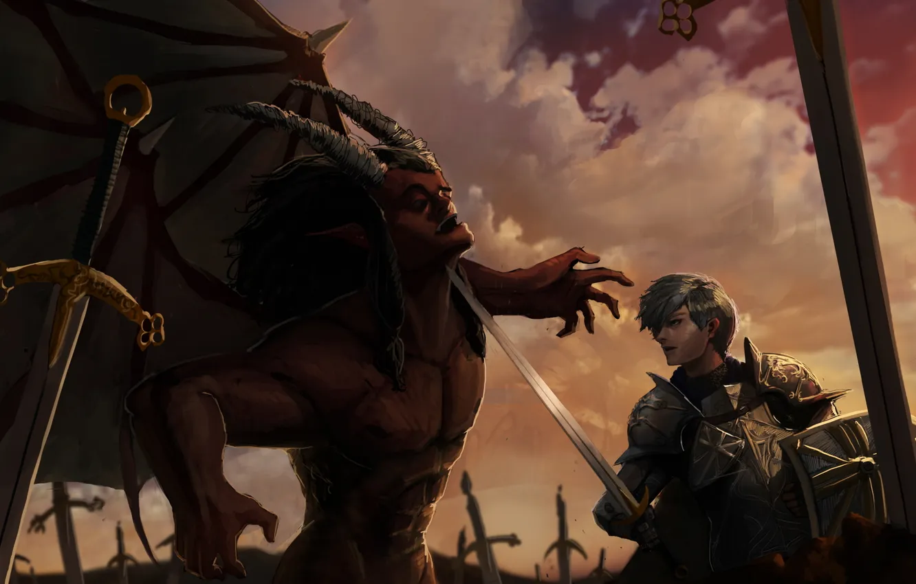 Photo wallpaper wings, sword, the demon, warrior, art, horns, battle, shield