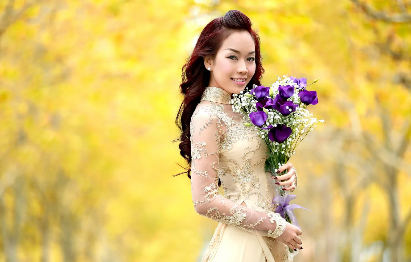Photo wallpaper girl, flowers, Asian