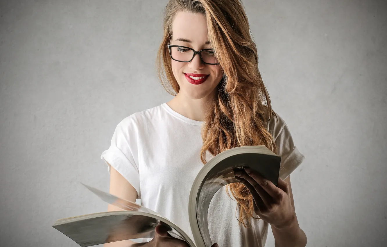 Photo wallpaper girl, makeup, glasses, outfit, journal, reading