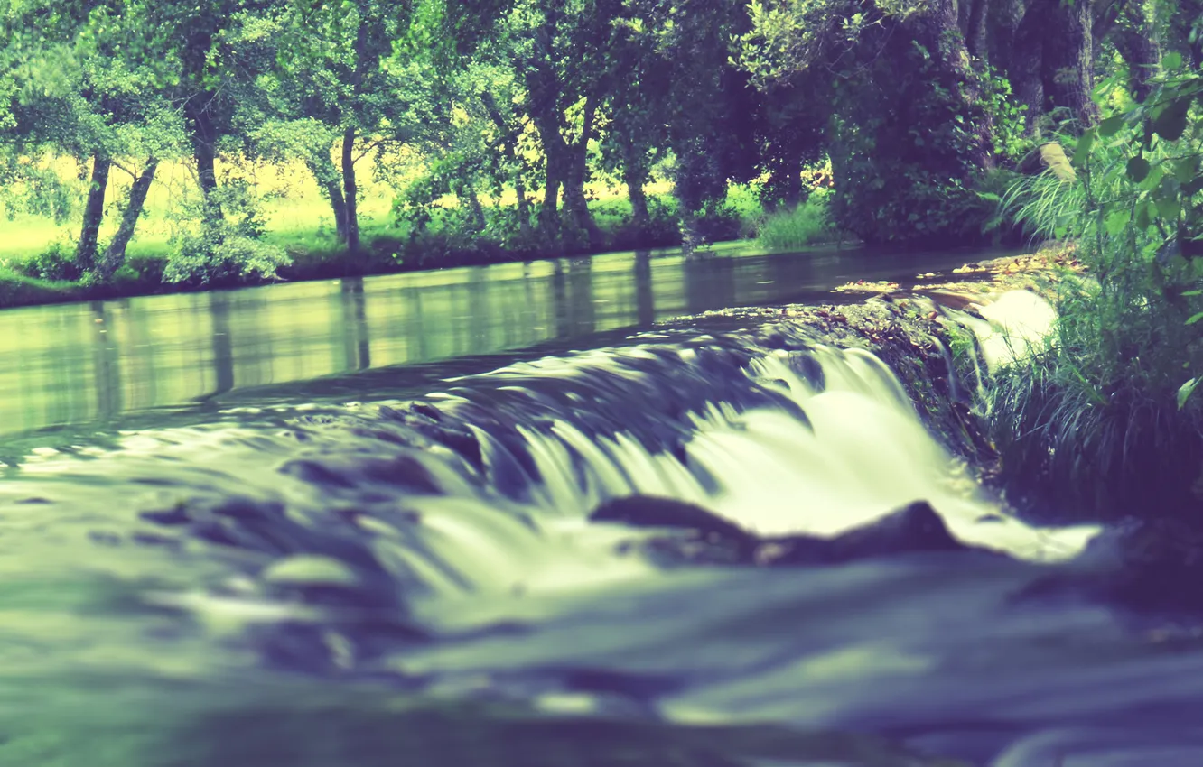Photo wallpaper nature, river, green, shore, river, waterfall, stream, warm