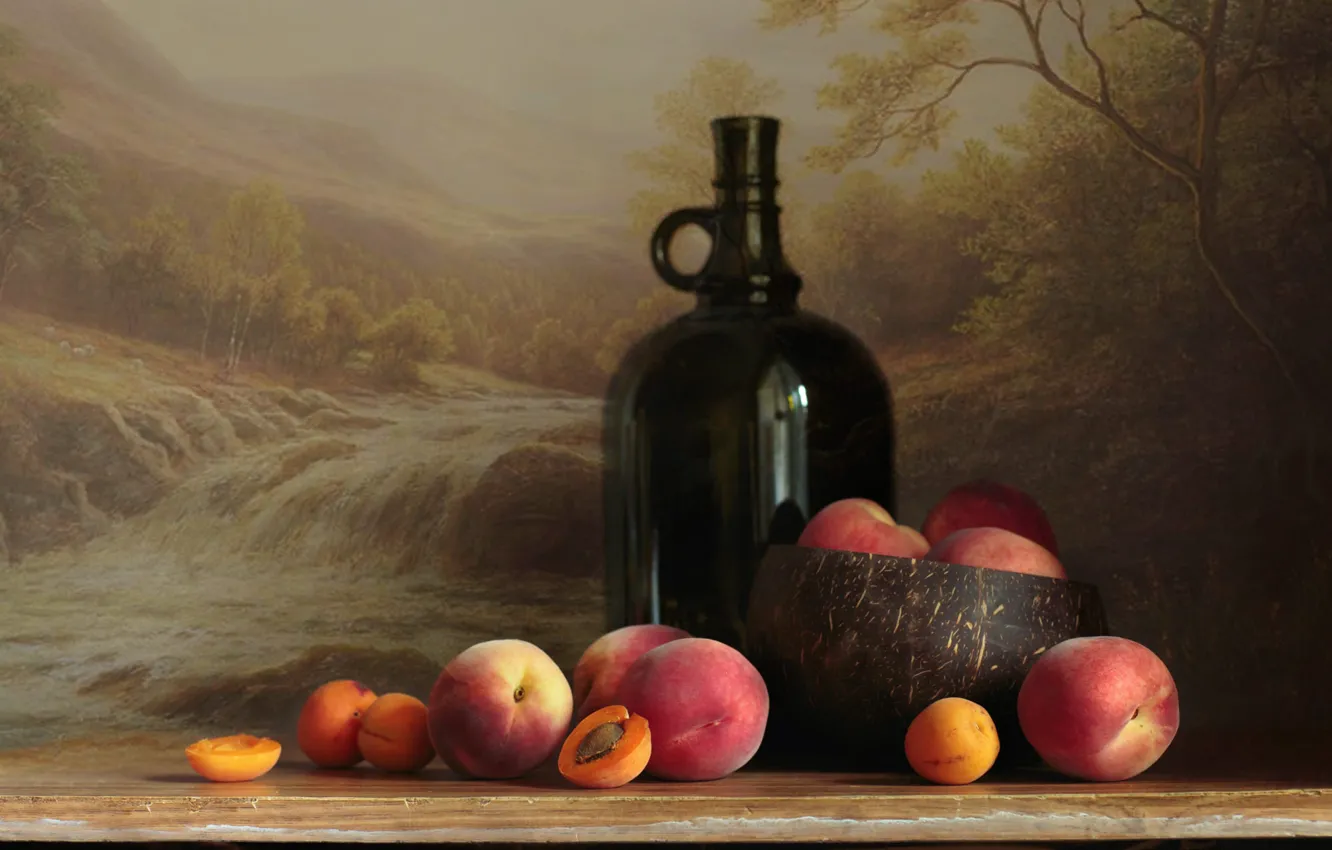 Photo wallpaper table, background, bottle, bowl, fruit, peaches, apricots