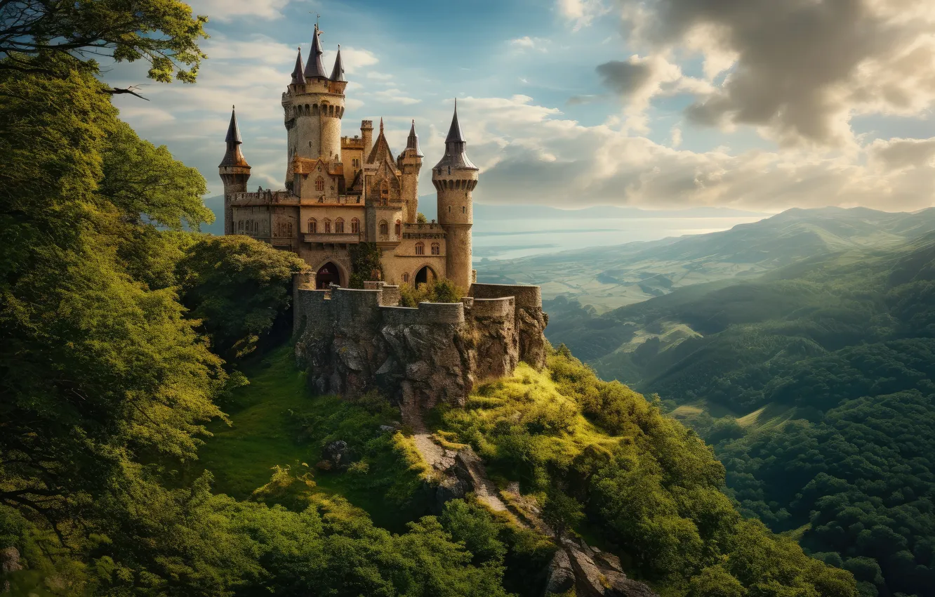 Photo wallpaper the sky, castle, rocks, landscape, castle, ancient