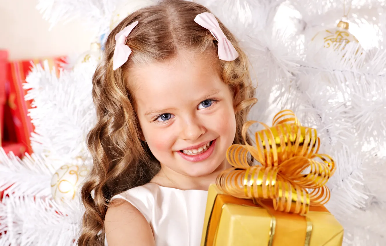 Photo wallpaper children, smile, holiday, gift, tree, new year, Christmas, girl