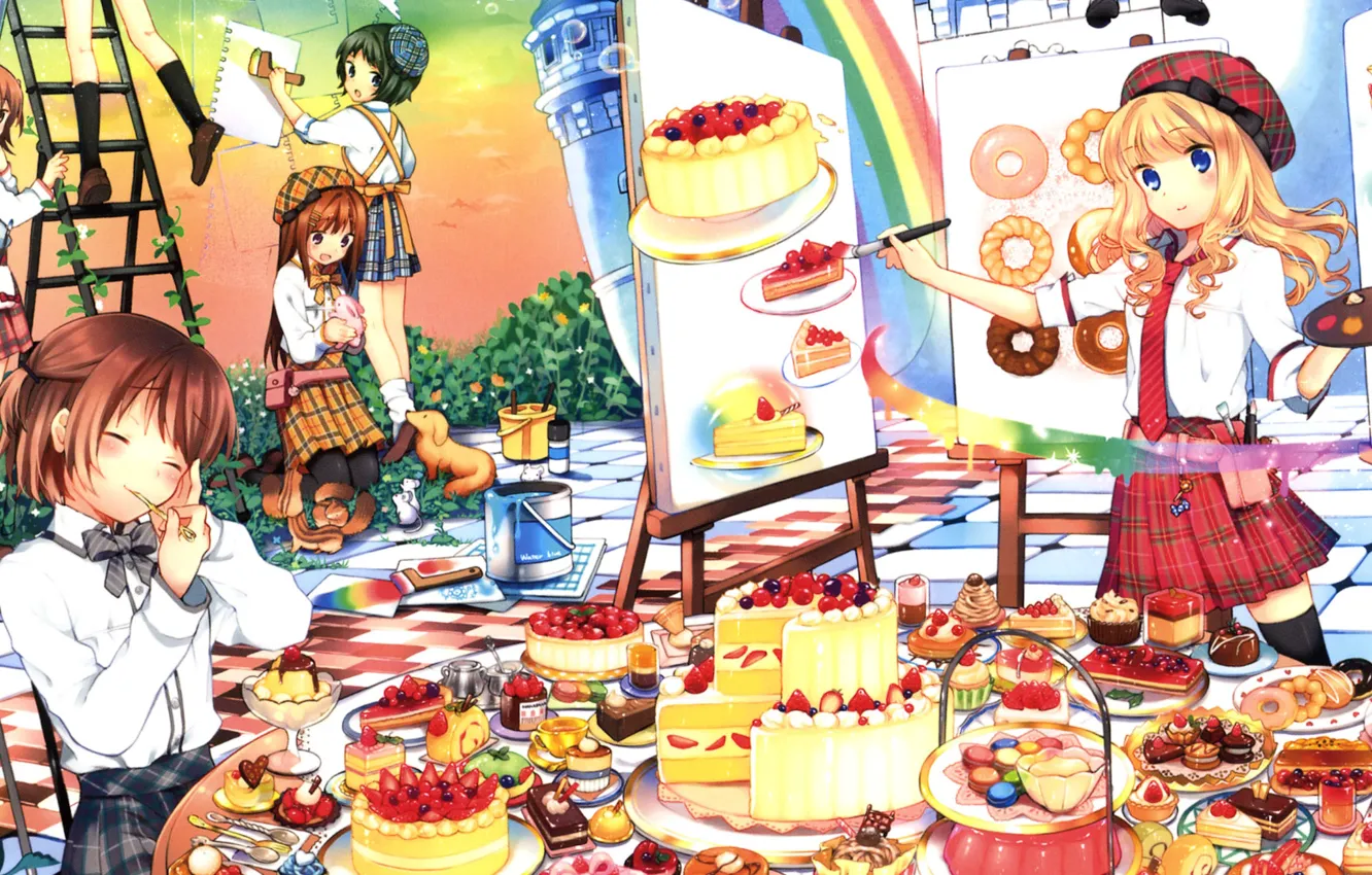 Photo wallpaper berries, table, paint, ladder, sweets, cake, cake, Girls