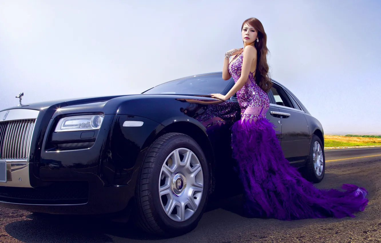 Photo wallpaper auto, look, girl, Rolls-Royce, Asian, beautiful girl, posing on the car