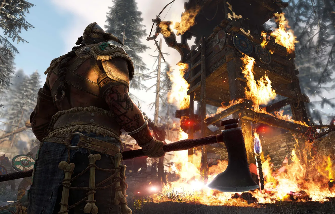 Photo wallpaper fire, flame, game, armor, weapon, man, warrior, Viking