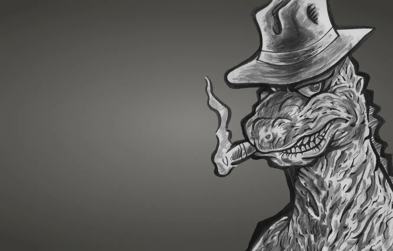 Photo wallpaper monster, dinosaur, hat, cigar, Godzilla, gangster, Godzilla, dark background