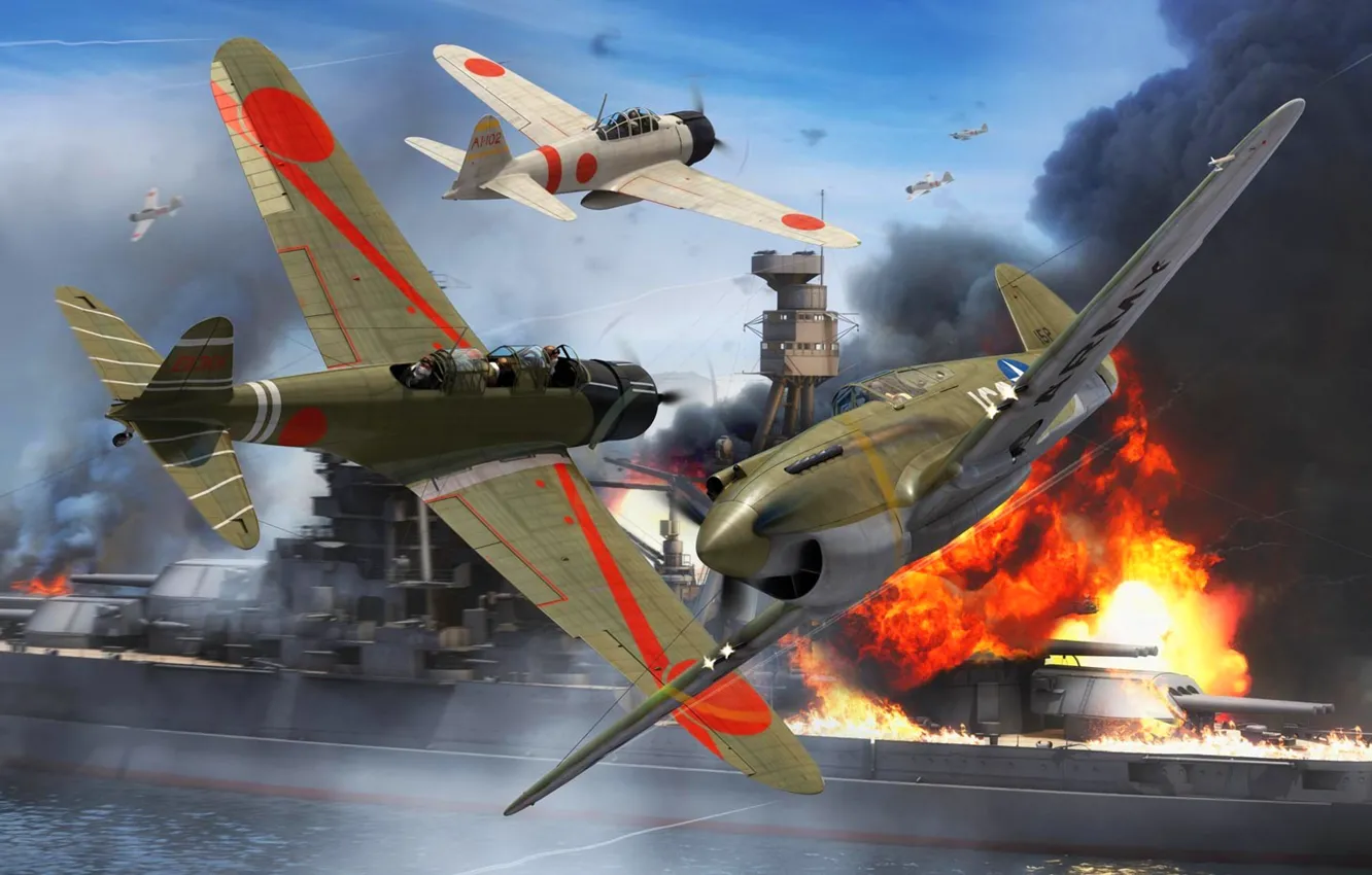 Photo wallpaper Japan, Fighter, Pearl Harbor, P-40 Warhawk, B5N2, Combat aircraft, A6M Reisen, A6M2 Zero