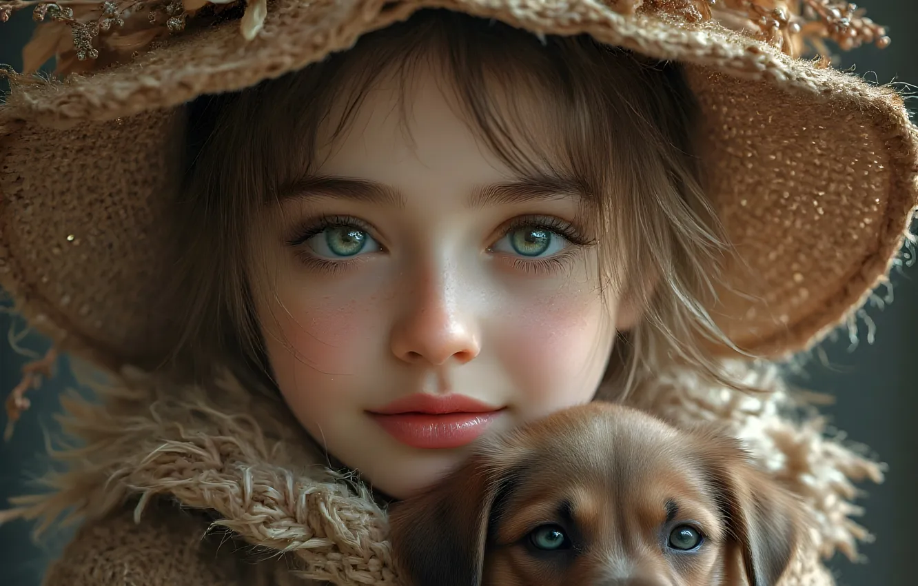 Photo wallpaper portrait, dog, girl, puppy, hat, AI art, neural network
