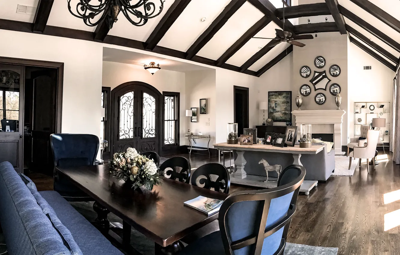 Photo wallpaper design, style, interior, fireplace, living room, dining room, India, inexpensive interior design